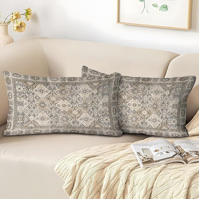 Boho Floral Throw Pillow Covers 12x20 inch Set of 2,Boho Rug Geometric Floral Pattern Decor Double Sided Pattern Cushion Cover Soft Pillow Case Living Sofa Room Bed Square Pillow Cover