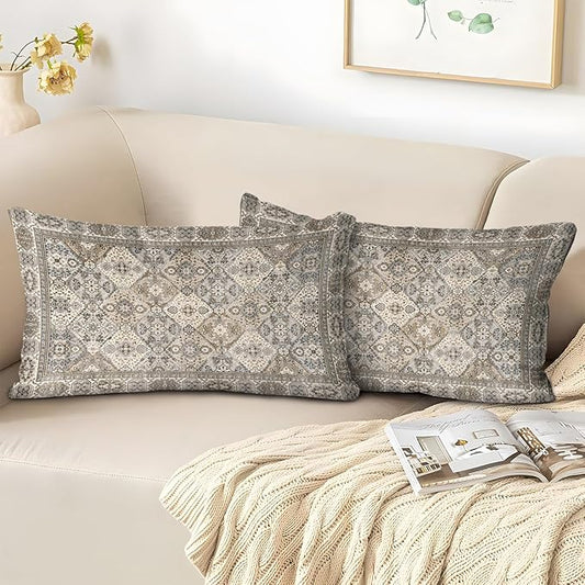 Boho Floral Throw Pillow Covers 12x20 inch Set of 2,Boho Rug Geometric Floral Pattern Decor Double Sided Pattern Cushion Cover Soft Pillow Case Living Sofa Room Bed Square Pillow Cover