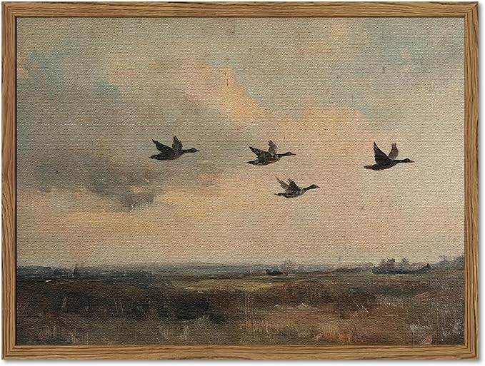Vintage Flying Duck Wall Art, Rustic Landscape Wall Decor Retro Bird Painting Nature Wilderness 3D Textured Hand Drawn Sandstone Artwork Aesthetics for Bedroom Living Room 12x16 inch Wood Framed