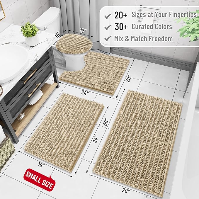 Arotive Luxury Chenille Bathroom Rug Mat, Extra Soft Thick Absorbent Shaggy Bath Rugs, Non-Slip Machine Wash Dry, Plush Bath Mats for Bathroom, Shower and Tub, 47x17, Beige