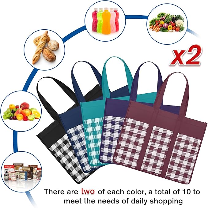 WISELIFE Reusable Grocery Shopping Bags 10 Pack Large Foldable Tote Bags Bulk, Long Handle for Shopping Groceries Clothes (Plaid C)