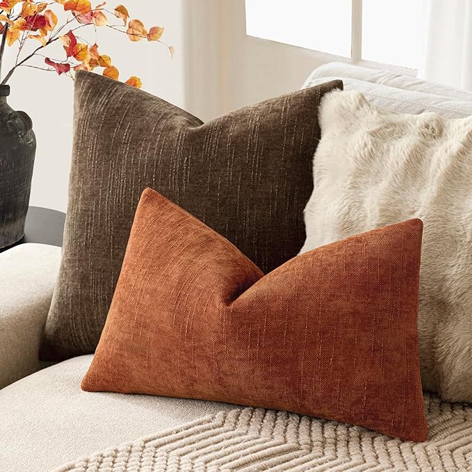 Foindtower Pack of 2 Textured Chenille Throw Decorative Pillow Covers Square Accent Solid Cushion Cover Neutral Farmhouse Lumbar Pillow Case for Couch Sofa Bedroom Living Room 12x20 Inch,Orange