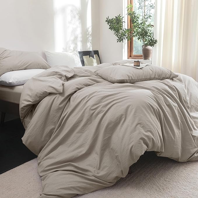 FOSSA Duvet Cover Set 100% Washed Cotton Linen Feel Super Soft Breathable Cozy 3 Pieces Bedding Sets Solid Cream Grey Oversized King