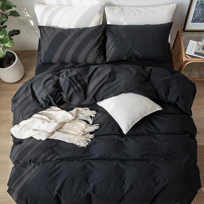 MooMee Bedding Duvet Cover Set 100% Washed Cotton Linen Like Textured Breathable Durable Soft Comfy (Solid Black, King 104"x90")