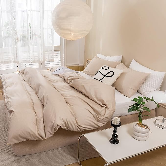 ECOCOTT Khaki Duvet Cover King Size - 100% Washed Cotton Durable Soft Comfy Duvet Cover Set, Lightweight and Breathable with Zipper Closure & Corner Ties (Khaki, 104''x90'')