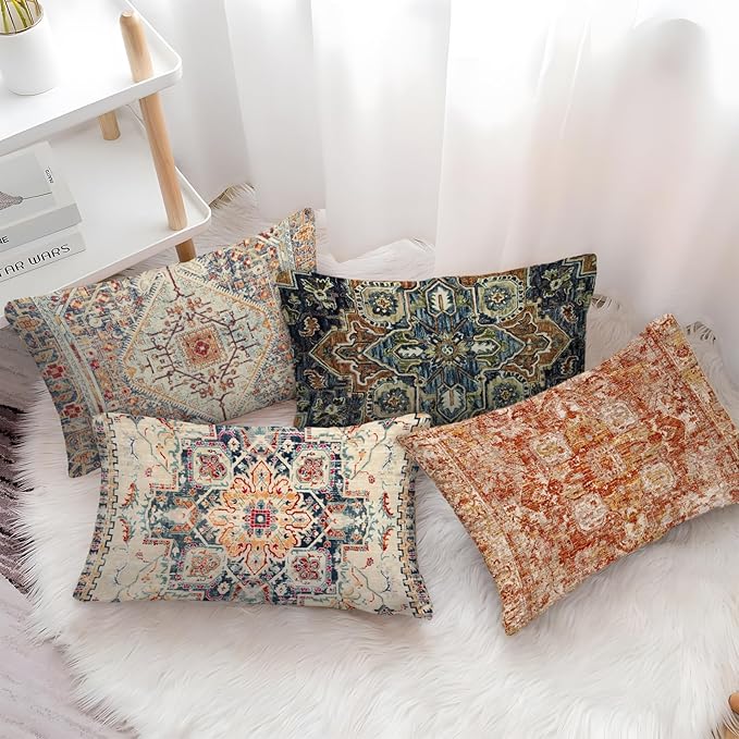 Boho Throw Pillow Covers 12x20 inch Set of 2,Boho Vintage Carpet Pattern Antique Ethnic Decor Double Sided Pattern Cushion Cover Soft Pillow Case Living Sofa Room Bed Square Pillow Cover