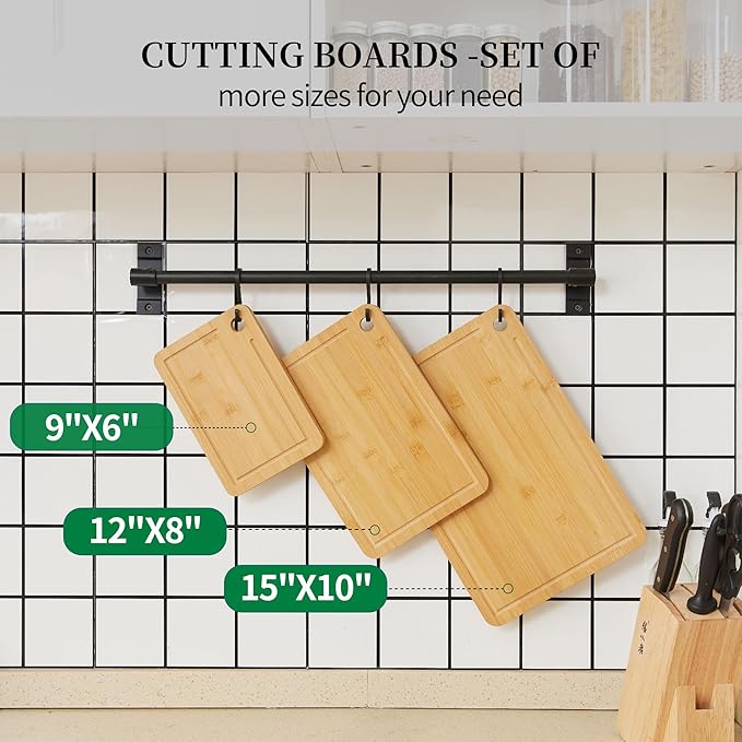 Bamboo cutting boards for home and kitchen,chopping board with juice groove,hanging hole and handles,for charcuterie,meat,bread,cheese,fruit and vegetables,Natural Bamboo, Set of 3(S+M+L)