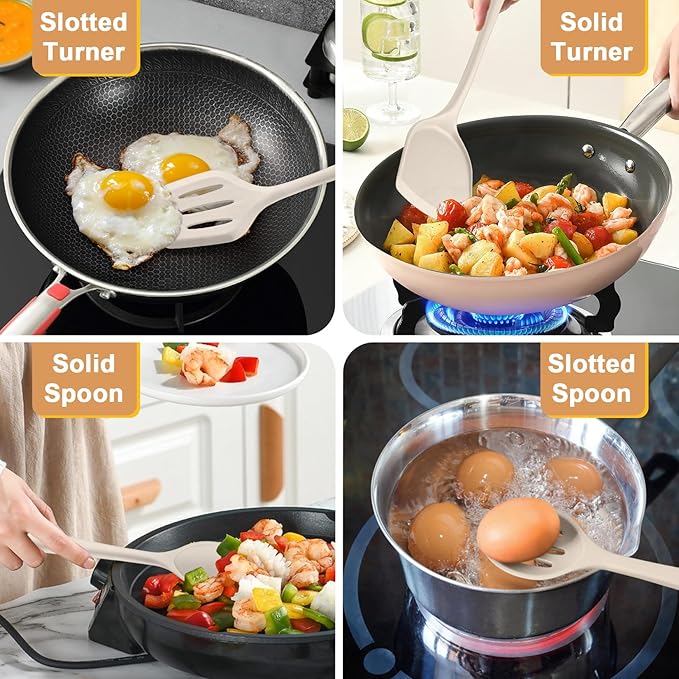 P&P CHEF Kitchen Utensil Set, 4 Pieces Non-stick Silicone Cooking Utensils, Heat-resistant Slotted Solid Spoon Turner for Frying, Mixing, Serving, Non-toxic & Easy to Clean, Khaki
