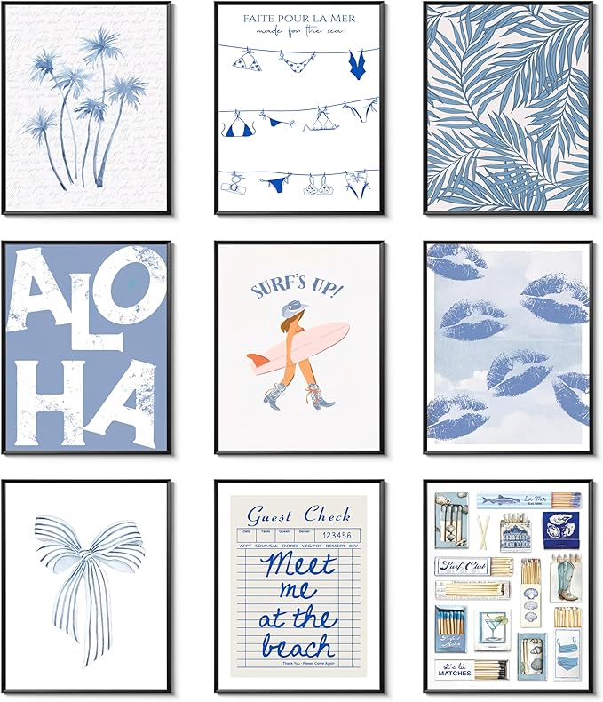 9Pcs Blue Coastal Poster Beach Cowgirl Wall Art Trendy Summer Aesthetics Painting Beachy Collage Ocean Picture Wall Decor Preppy Print for Hallway Bedroom And Living Home Frameless8x10Inch