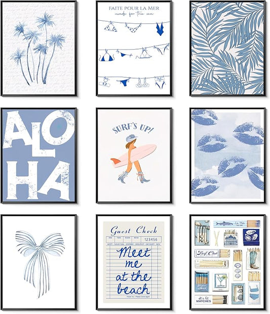 9Pcs Blue Coastal Poster Beach Cowgirl Wall Art Trendy Summer Aesthetics Painting Beachy Collage Ocean Picture Wall Decor Preppy Print for Hallway Bedroom And Living Home Frameless8x10Inch