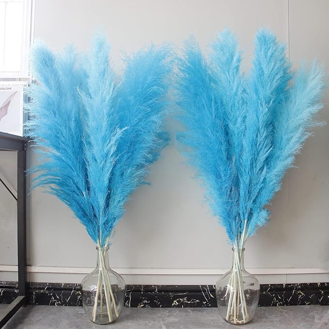 46" inch 10 Stems Natural Pampas Grass Decor Tall, Pompas Grass, Tall Pampas Grass for Weddingm, Farmhouse, Boho Home Decor (Blue)