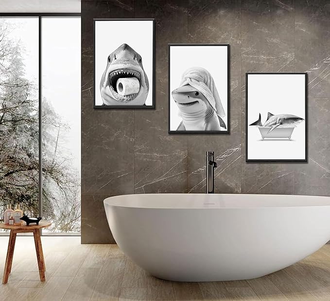 3pcs Black And White Shark Bathroom Canvas wall art Funny ocean Animal bathtub Paintings Pictures Wall Decor Modern Poster Printing Artwork for Restroom Toilet Home Decoration Unframed