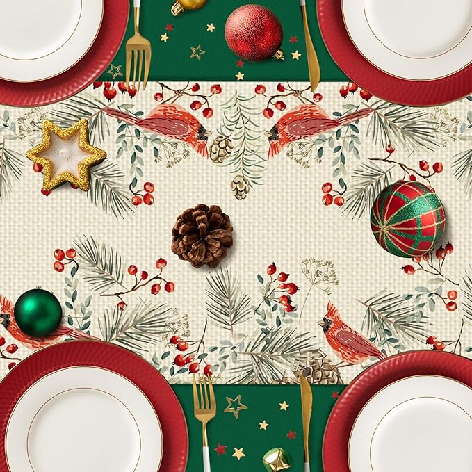 Christmas Bird Burlap Table Runner Seasonal Spring Fall Kitchen Dining Linen Table Decoration for Indoor Outdoor Home Party Dinner 13x72 Inch