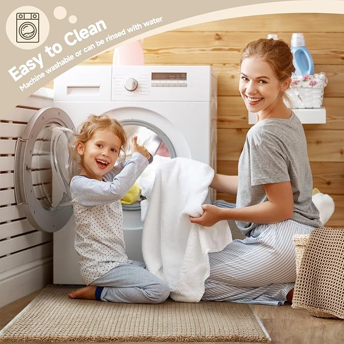 Waffle Runner Rug Bathroom, Long Boho Bathroom Rugs Non Slip Washable Super Absorbent Quick Dry Farmhouse Bath Decor, 60"x24" Khaki and White