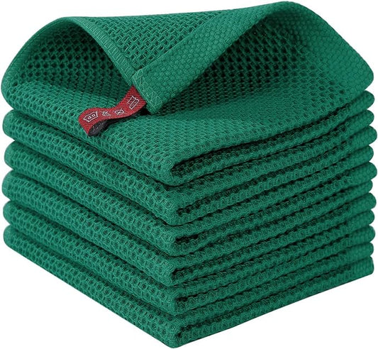 Homaxy 100% Cotton Waffle Weave Kitchen Dish Cloths, Ultra Soft Absorbent Quick Drying Dish Towels, 12 x 12 Inches, 6-Pack, Dark Green