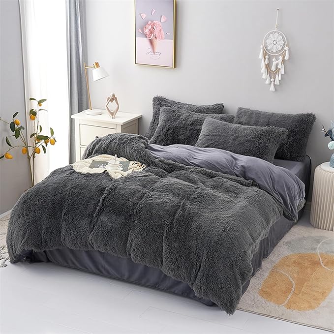 MorroMorn 5 PCS Shaggy Duvet Cover Bedding Set - Fluffy Comforter Cover Long Faux Fur Luxury Ultra Soft Cozy (Grey, King/California King)