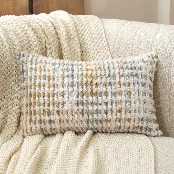 Aeckself Boho Chenille Tufted Pillow Cover 12 x 20 Inch, Rectangle Decorative Lumbar Throw Pillow Cover Neutral Pillowcase for Couch Bedroom Living Room, Yellow White