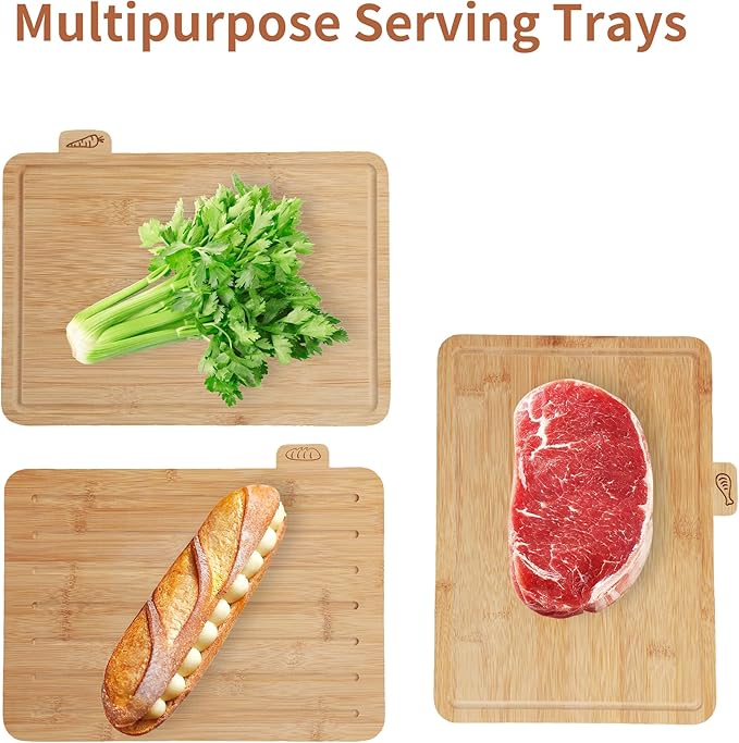 14.56"L x 11"W Bamboo Cutting Board Set of 4 - Wood Cutting Board Set with Holder, Chopping Boards Set with Food Icons, Juice Groove - Ideal for Meat, Fish, Bread, Vegetable, Fruit Chopping