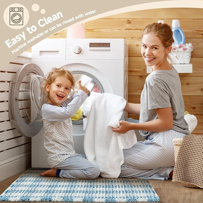 Waffle Bath Mat, Boho Bathroom Rugs Non Slip Washable Absorbent Checkered Bathroom Mat Quick Dry Cute Bath Mat, 48"x24" Blue and White