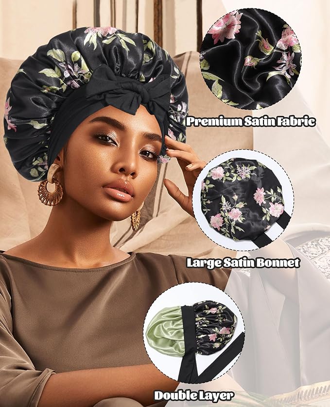 Satin Bonnet Silk Bonnet for Sleeping Silk Sleep Cap Double Layer Hair Bonnet with Elastic Tie Band for Curly Hair Night Cap (Black flower+Green)