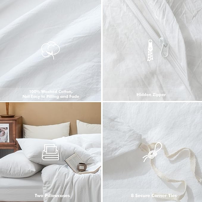 FOSSA Duvet Cover Set 100% Washed Cotton Linen Feel Super Soft Breathable Cozy 3 Pieces Bedding Sets Solid Bright White King