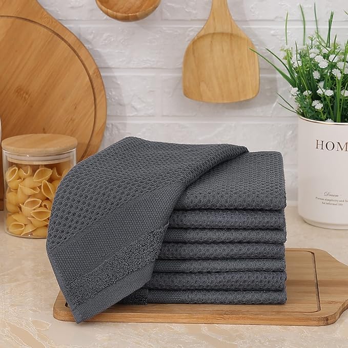 Homaxy 100% Cotton Dish Cloths, 8 Pack - 12 x 12 Inches, Waffle Weave Super Soft and Absorbent Dish Towels Quick Drying Dishcloths, Dark Grey