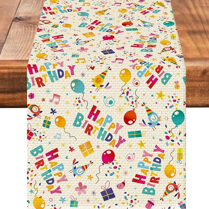 Happy Birthday Table Runner Seasonal Spring Fall Kitchen Dining Linen Table Decoration for Indoor Outdoor Home Party Dinner 13x72 Inch