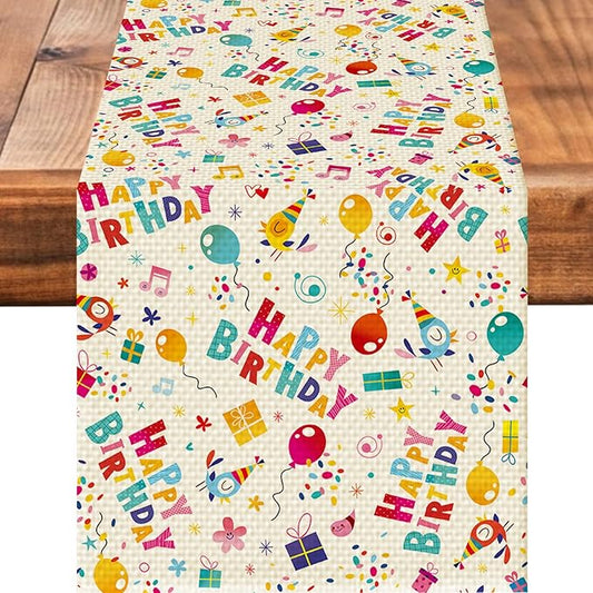 Happy Birthday Table Runner Seasonal Spring Fall Kitchen Dining Linen Table Decoration for Indoor Outdoor Home Party Dinner 13x72 Inch