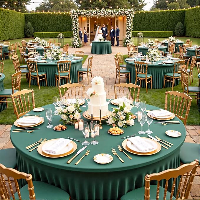 Outpain 6 Pack 72inch Hunter Green Spandex Round Tablecloths, Stretchy 132inch Fitted 6FT Round Table Cloths, Wrinkle Free Table Cover with Skirt for Wedding Party Dining Banquet