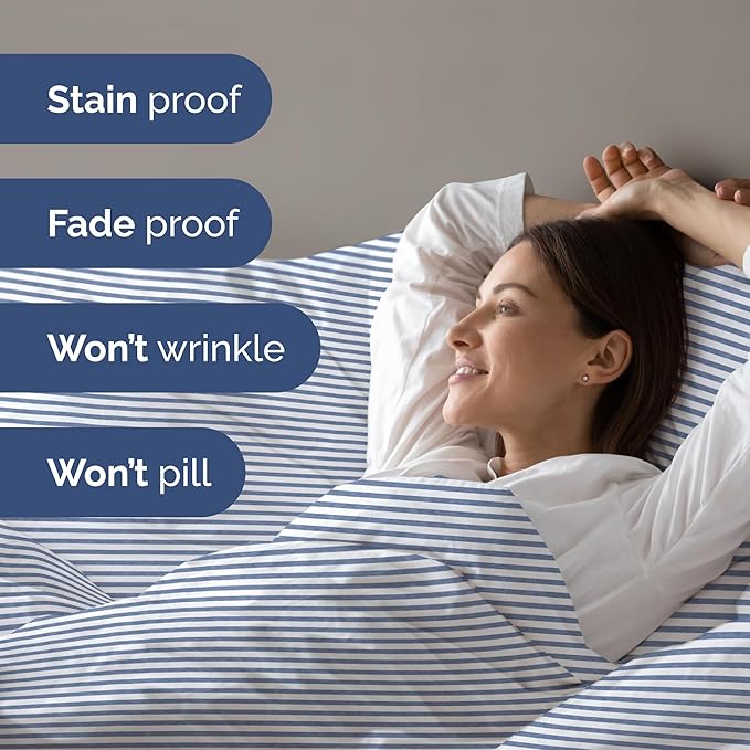 Duvet Cover Full Size Set - Extra Soft Full Size Duvet Cover 80 x 90 with 2 Pillow Shams - Hotel Luxury Easy Care and Fade Free w/Zipper Closures & Ties - Comfy Breathable Bedding Set (Blue Stripes)