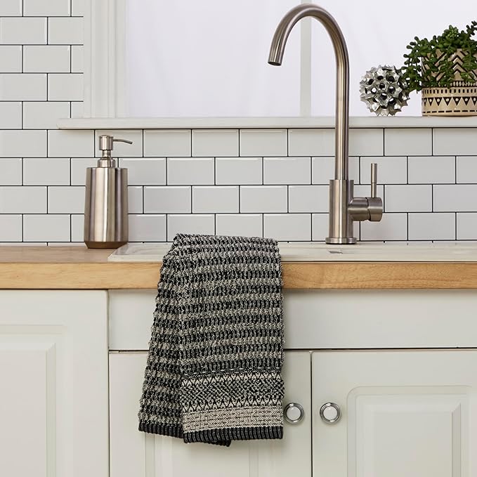 SKL Home Lewis 100% Cotton Premium 2-Piece Hand Towel Set, 600 GSM, Reversible Jacquard, Soft & Absorbent, Decorative for Bath/Kitchen/Bar & Gift, Black