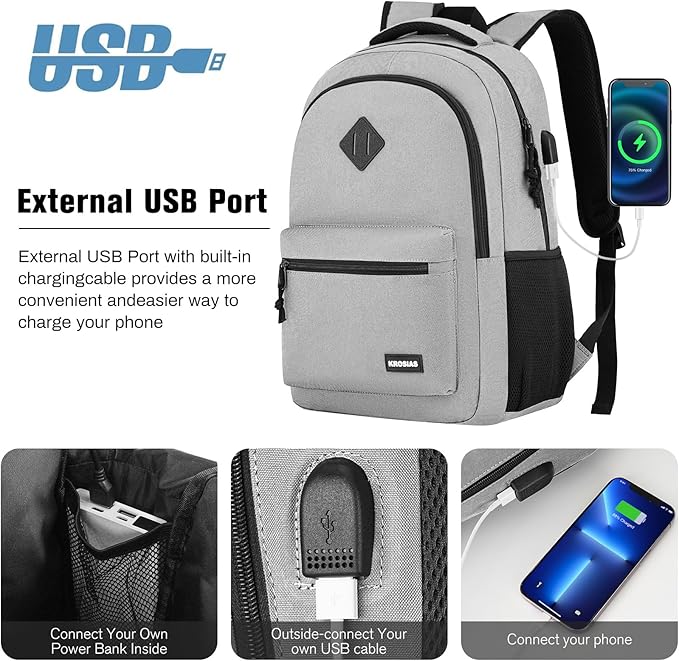 Backpack for Men and Women, School Backpack Teens Boys and Girls 17.3 Inch Laptop Bookbag with USB Charger for High School College Work Travel Business (Gray)