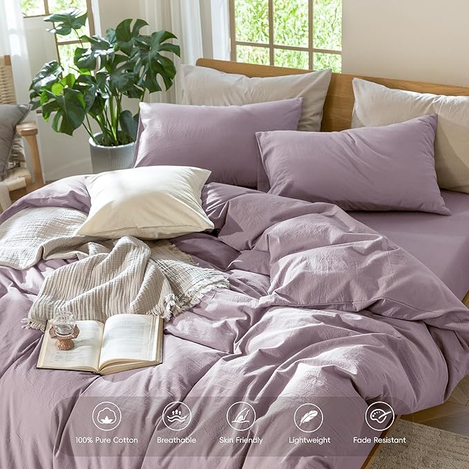 MooMee Bedding Duvet Cover Set 100% Washed Cotton Linen Like Textured Breathable Durable Soft Comfy (Solid Taro Purple, Oversized King Plus 128"x120")
