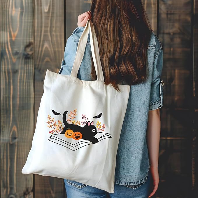 Cute Ghost Tote Bag Black Cats Tote Bag Halloween Cotton Canvas Bag for Women Gift Reusable Grocery Bag Shopping Beach Shoulder Bag