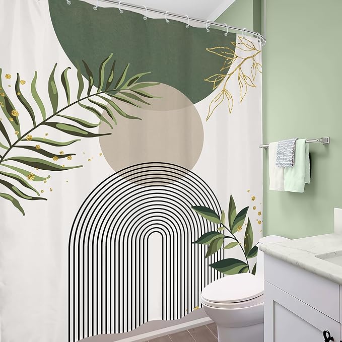 Green Boho Shower Curtain Extra Long Modern Abstract Bohemian Green Gold Minimalist Leaves Mid Century Arch Bathroom Decor Geometric Plant 72Wx84H Bath Curtain Fabric Polyester 12 Pack Hooks
