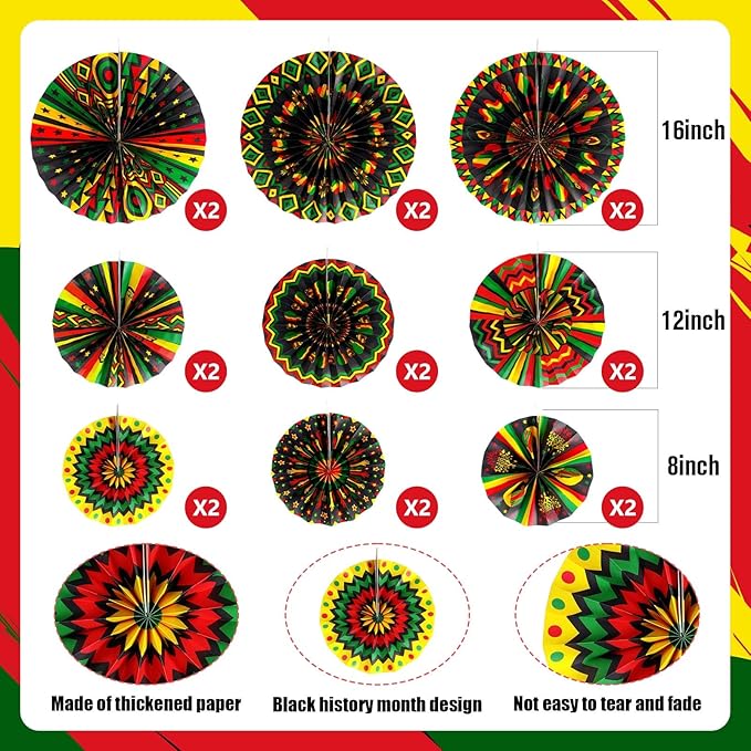 Outus Black History Month Decorations Paper Fans Juneteenth Hanging Paper Fans Kente Ceiling Wall Garland for African American Party Bulletin Board Classroom Decor (9 Pcs,Design)