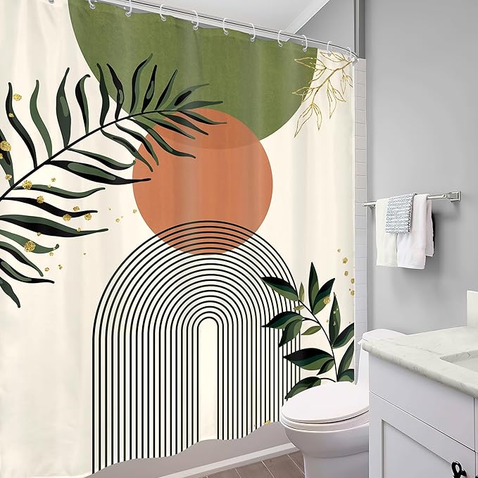 Green Boho Shower Curtain 60Wx72H Abstract Bohemian Modern Leaves Mid Century Minimalist Contemporary Plant Bathroom Decor Simple Neutral Bath Curtain Fabric Polyester 12 Pack Hooks