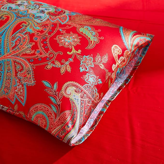 mixinni Long Staple Cotton Percale Paisley Duvet Cover for Queen Size Bed Boho Floral Pattern 3 Pieces Bedding Set with Zipper Ties for Him and Her, 1 Duvet Cover and 2 Pillowcases for All Seasons