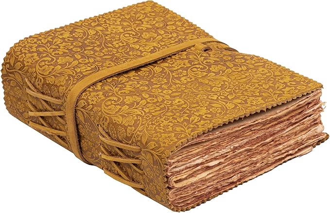 LEATHER VILLAGE Leather Bound Floral Embossed Journal for Women Men - 200 Pages, 6”X4”(A6), Suntan - Book of Shadows, Vintage Blank Paper Travel Diary, Notebook for Writing, Drawing, Sketchbook
