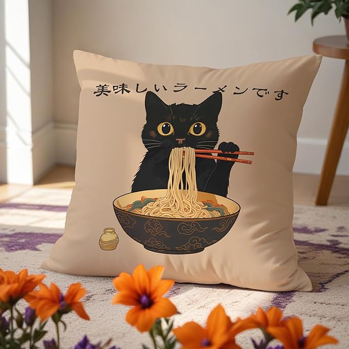 Funny Vintage Cute Anime Black Cat Japanese Ramen Noodles Pillow Covers 18x18, Aesthetic Black Cat Art Painting Decor Pillow Covers for Room Bedroom