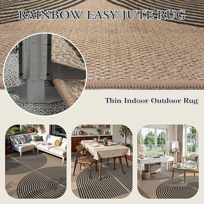 Lahome Modern Rainbow Easy Jute 6x9 Rug, Large Living Room Carpet Washable Outdoor Patio Dining Room Rug, Non Slip Indoor Outdoor Carpet for Backyard Deck Office Decor