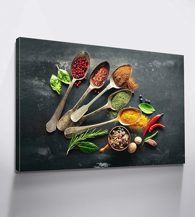 Mistyefly Kitchen Wall Art Canvas Print - Colorful Spice Spoons - 12''Hx18''W - Modern, Contemporary Style - UV Resistant, Waterproof - Kitchen Dining Room Decor