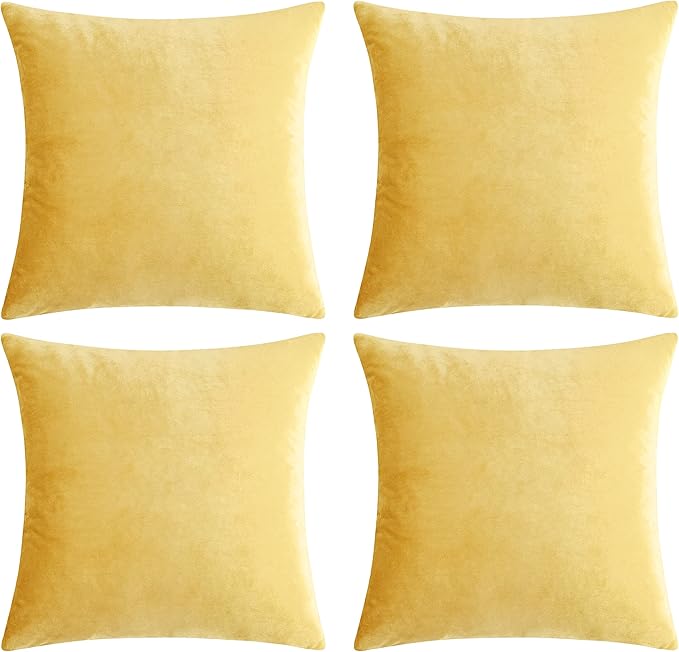 GIGIZAZA Decorative Throw Pillow Covers 18 x 18, Yellow Soft Pillow Covers Velvet,Set of 4 Decor Square Cushion Covers