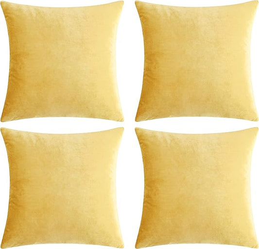 GIGIZAZA Decorative Throw Pillow Covers 18 x 18, Yellow Soft Pillow Covers Velvet,Set of 4 Decor Square Cushion Covers