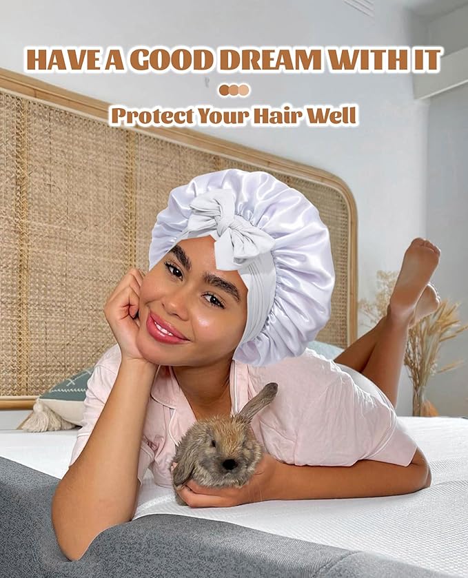 Satin Bonnet Silk Bonnet for Sleeping Silk Sleep Cap Double Layer Hair Bonnet with Elastic Tie Band for Curly Hair Night Cap (Light silver+Pink)