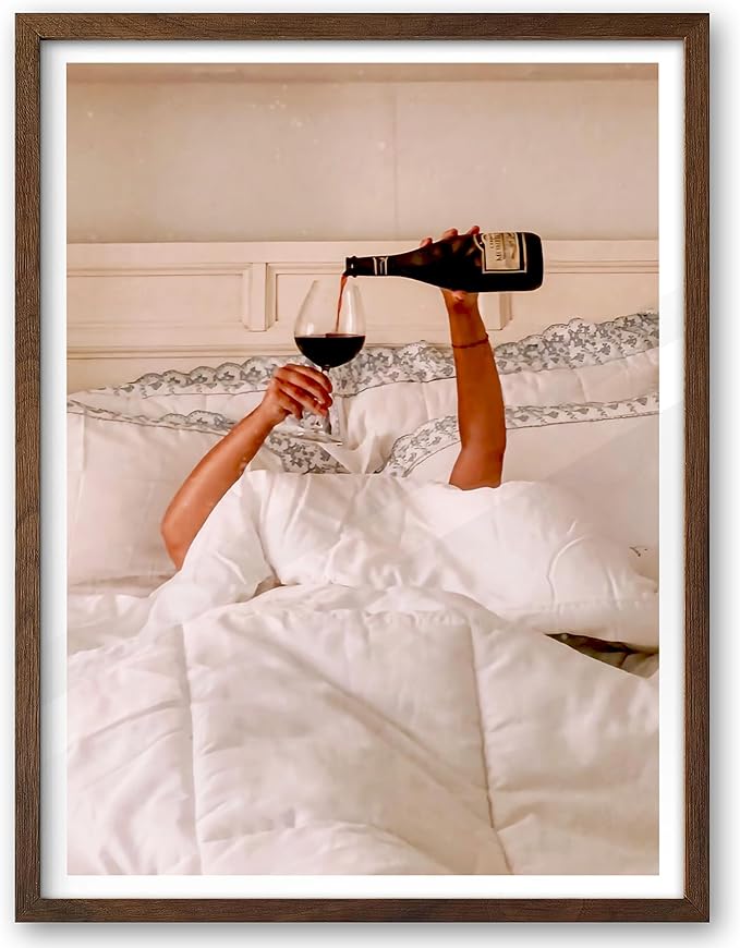 EcoHest Woman Drinking Wine in Bed Framed Wall Art Walnut Color, 12x16 in OAK Wood Feminist Alcohol Canvas Art, Trendy Teen Girl Bar Cart Print College Room Decor Set of 1 For Bedroom Living Room