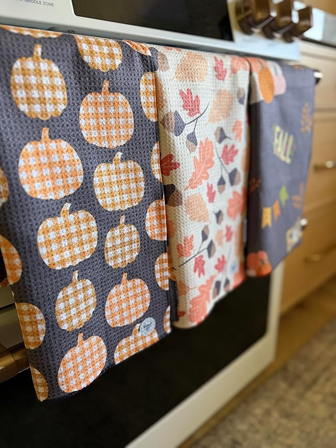|| 3 Pack|| Double Sided Dish Towels || Waffle Weave Microfiber || Tea Towels || Highly Absorbent || Hanging Loop || Dish Cloths || Modern || Designer Prints (Fall Leaves Gray)