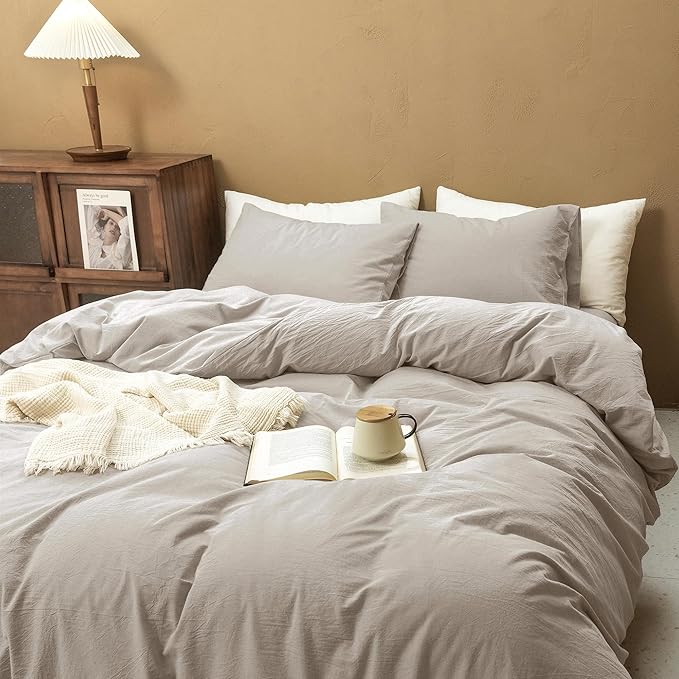 FOSSA Duvet Cover Set 100% Washed Cotton Linen Feel Super Soft Breathable Cozy 3 Pieces Bedding Sets Solid Tannish Linen Grey California King