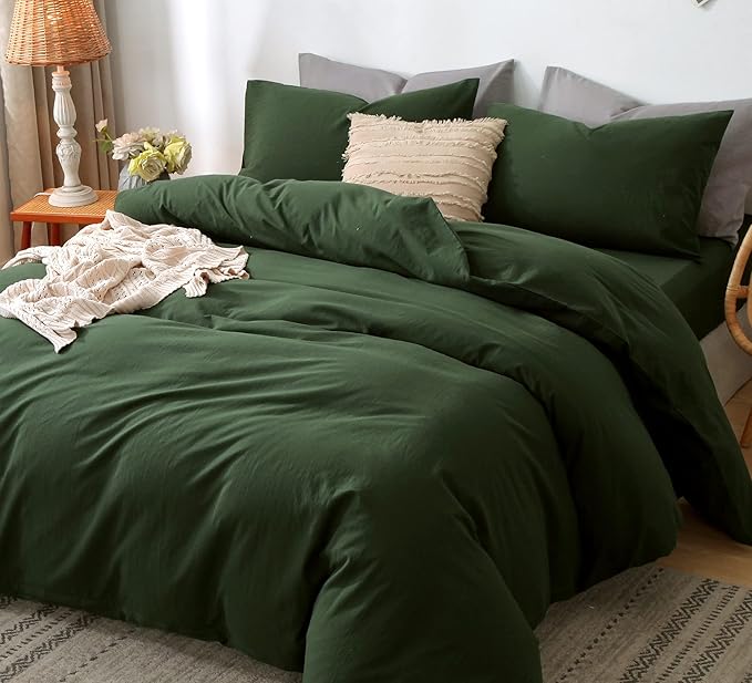 MooMee Bedding Duvet Cover Set 100% Washed Cotton Linen Like Textured Breathable Durable Soft Comfy (Solid Forest Green, Full 80"x90")
