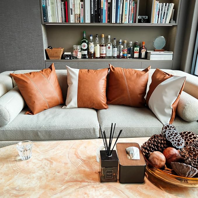 Faux Leather Throw Pillow Covers 24X24 Inch Set of 2 Milan Brown Outdoor Modern Farmhouse Solid Decorative Pillow Covers for Room Couch Living Bedroom Bed Sofa